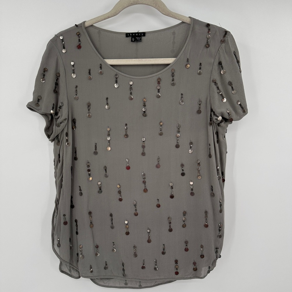 Theory‎ Grey Silky Sequin Embellished Short Sleeve Blouse Size Large Shimmer